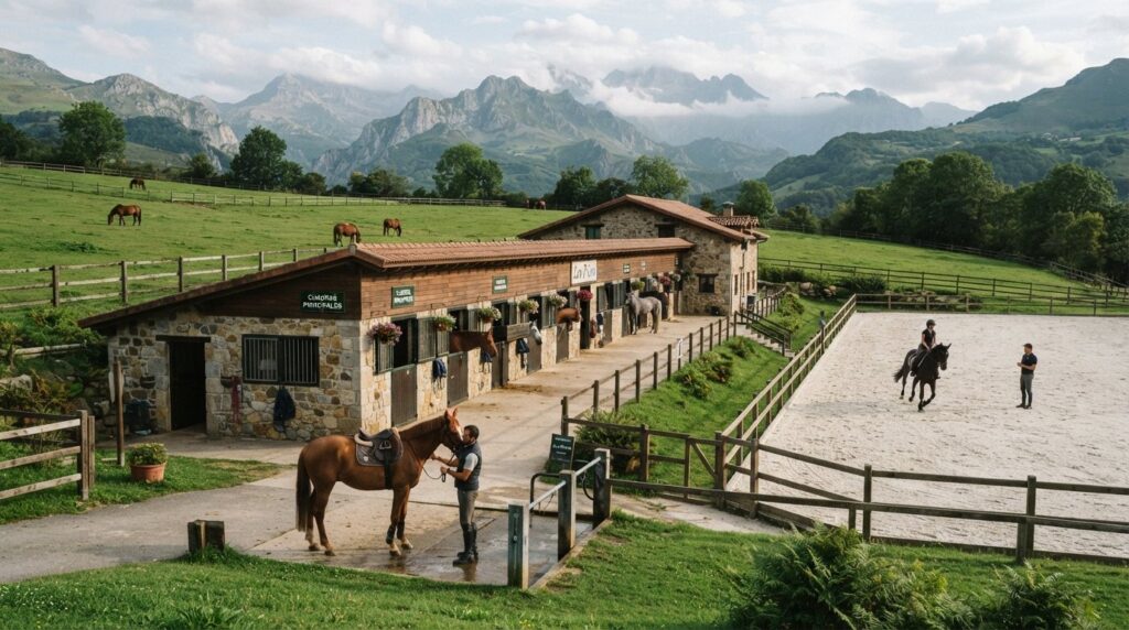 Centro hípico con cuadras de piedra y pista entre montañas