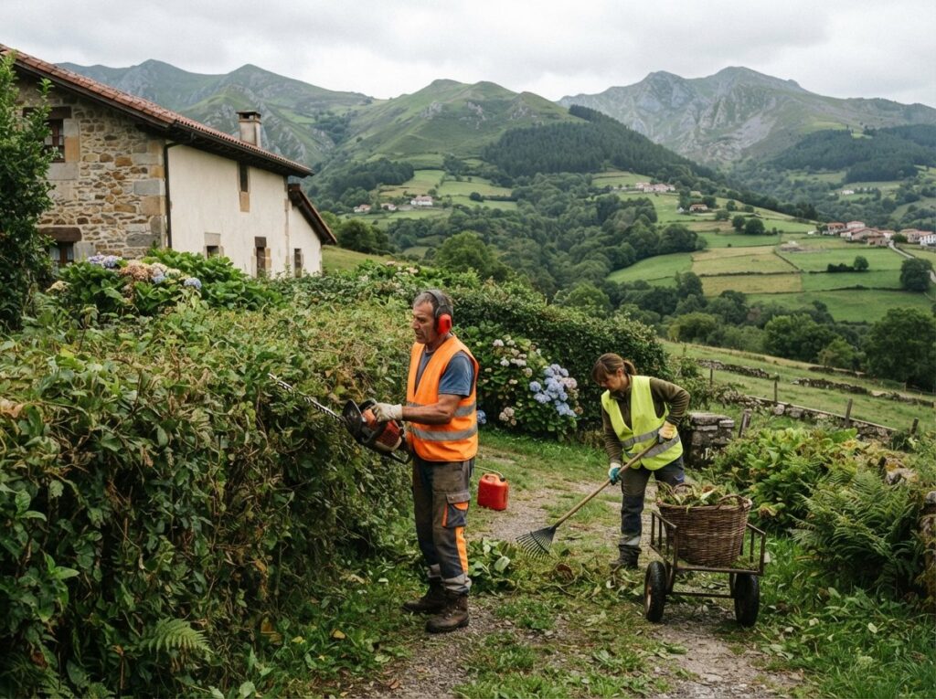 Operarios manteniendo setos y jardín en una finca de Asturias