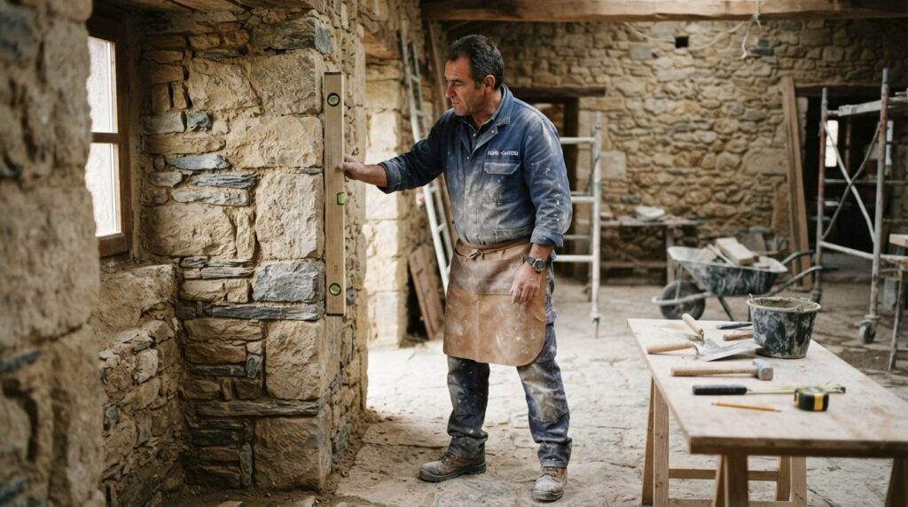Albañil restaurando un muro de piedra tradicional